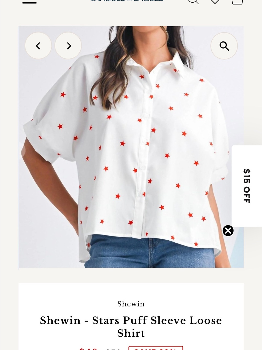 SHEIN White Button-Down Shirt with Red Star Print